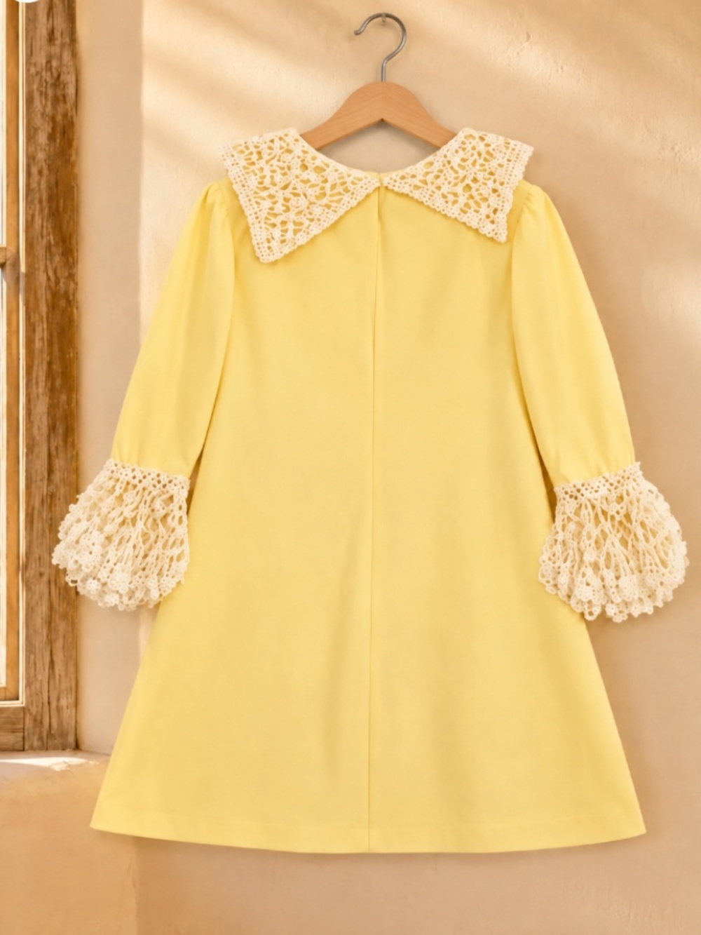One-Owner 1960s Union ILGWU Yellow Mini Dress with Crochet Lace Collar & Cuffs -